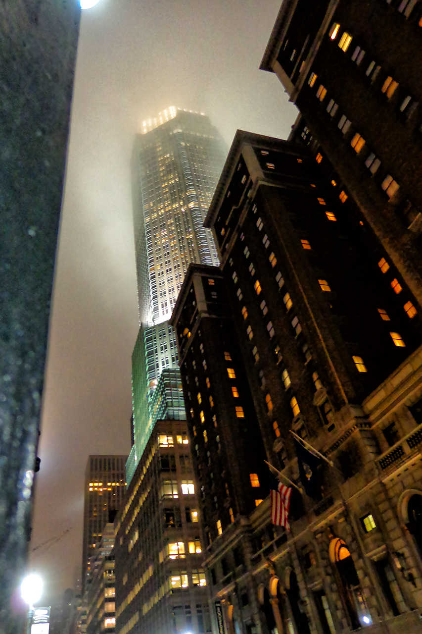 New York skyscrapers on a foggy night