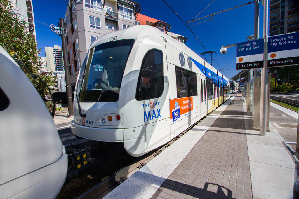 Portland Oregon Trimet light rail train at station