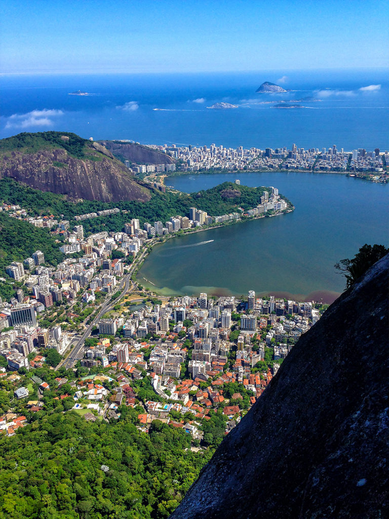View from cliff side rock climbing the Corcovado on the way to see the famed Cristo Redentor at the summit