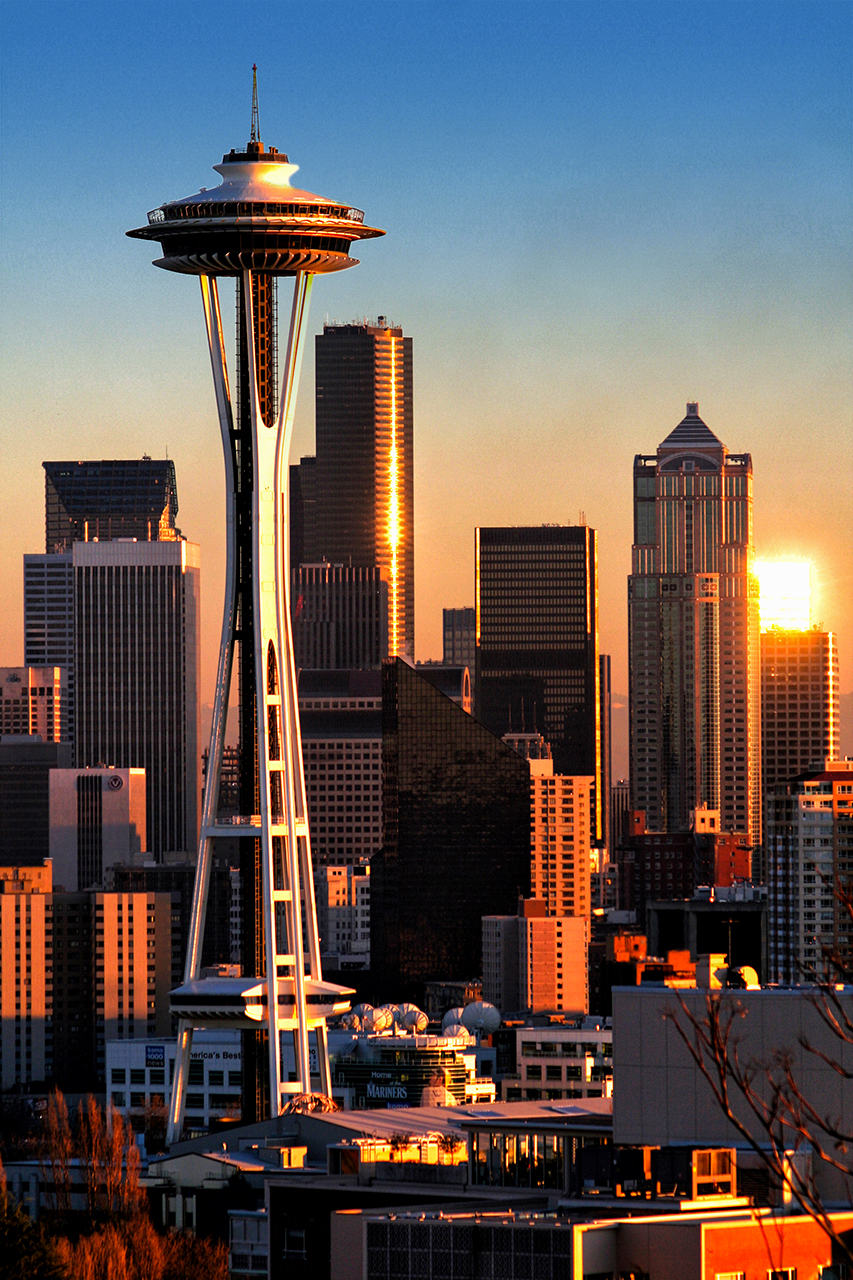 Seattle skyline at sunrise with the Space Needle in foreground